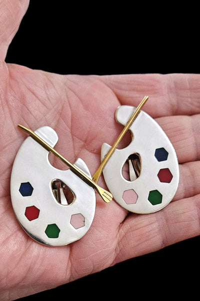 80s Mexican Sterling Silver Artist Palette Clip On Earrings