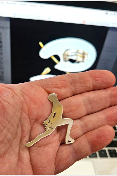 Vintage modernist style skater 1.5 inches tall Sterling Silver brooch | 925 signed S. Stopps