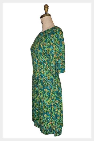 1970s Paisley Print Dress: Teal Green Vintage Secretary Style, Medium