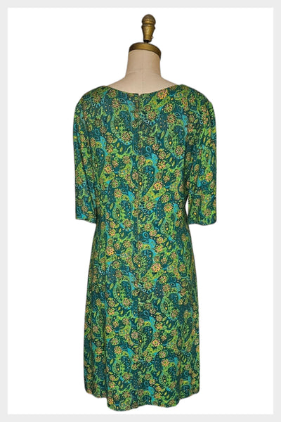 1970s Paisley Print Dress: Teal Green Vintage Secretary Style, Medium