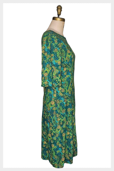 1970s Paisley Print Dress: Teal Green Vintage Secretary Style, Medium
