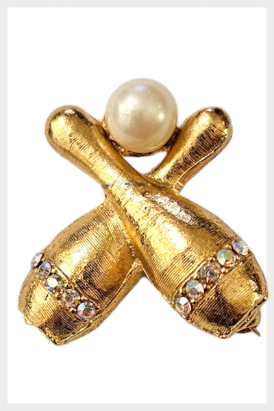 1960s Gold Tone Bowling Pin Brooch | Rhinestone & Faux Pearl