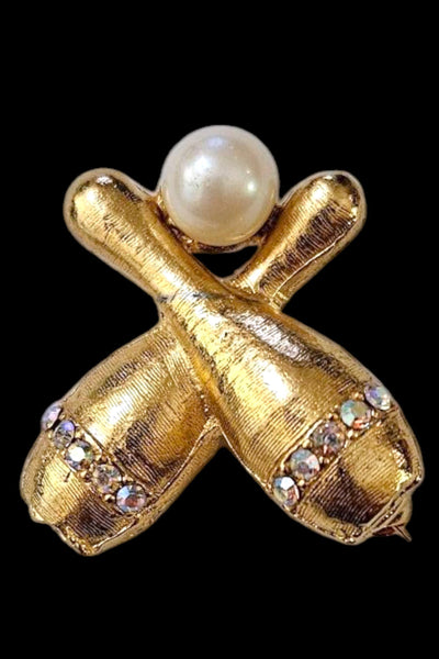 1960s Gold Tone Bowling Pin Brooch | Rhinestone & Faux Pearl
