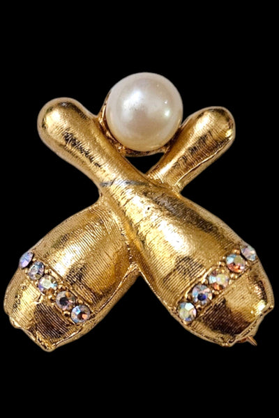 1960s Gold Tone Bowling Pin Brooch | Rhinestone & Faux Pearl