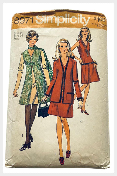 1970s Simplicity Sewing Pattern 8971 | Misses' Dress, Jacket, Vest - Bust 36