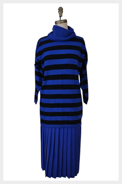 80s Sweater Skirt Set | Blue Black Striped Acrylic, Medium