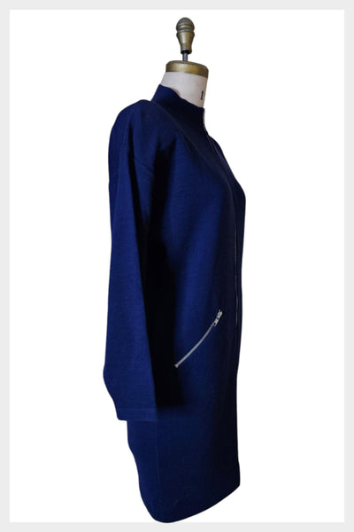 80s Navy Knit Dress | Structured Zippered Pockets, Small-Medium