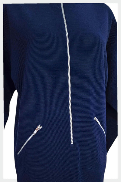 80s Navy Knit Dress | Structured Zippered Pockets, Small-Medium