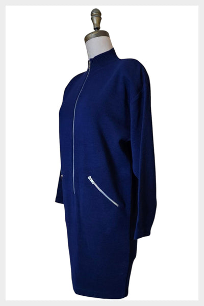 80s Navy Knit Dress | Structured Zippered Pockets, Small-Medium