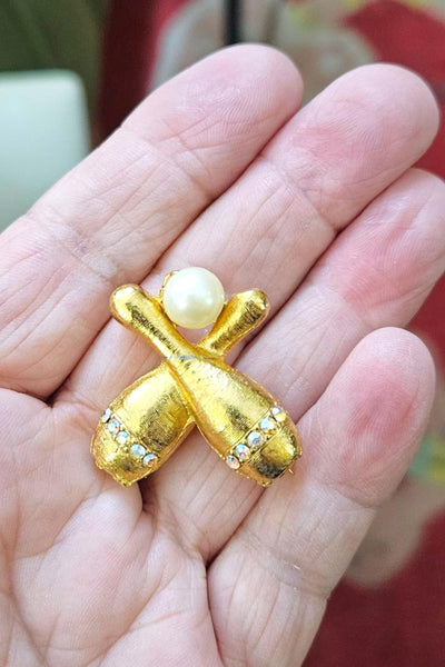 1960s Gold Tone Bowling Pin Brooch | Rhinestone & Faux Pearl