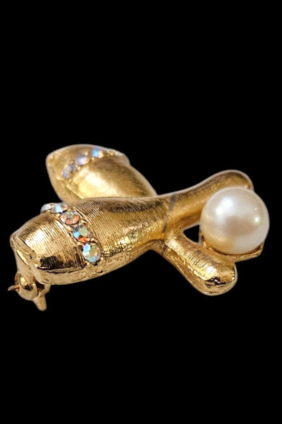1960s Gold Tone Bowling Pin Brooch | Rhinestone & Faux Pearl