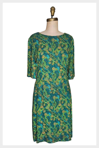 1970s Paisley Print Dress: Teal Green Vintage Secretary Style, Medium