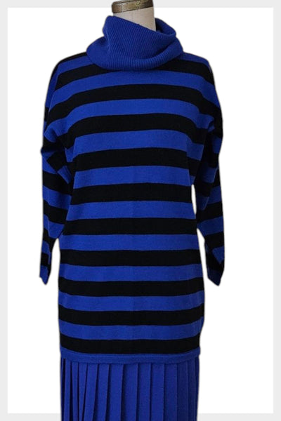 80s Sweater Skirt Set | Blue Black Striped Acrylic, Medium