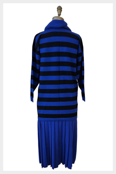 80s Sweater Skirt Set | Blue Black Striped Acrylic, Medium