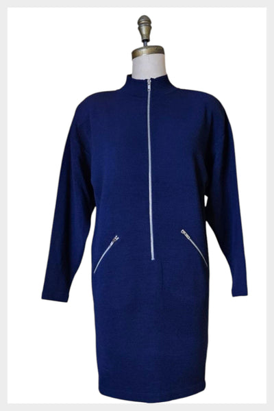 80s Navy Knit Dress | Structured Zippered Pockets, Small-Medium