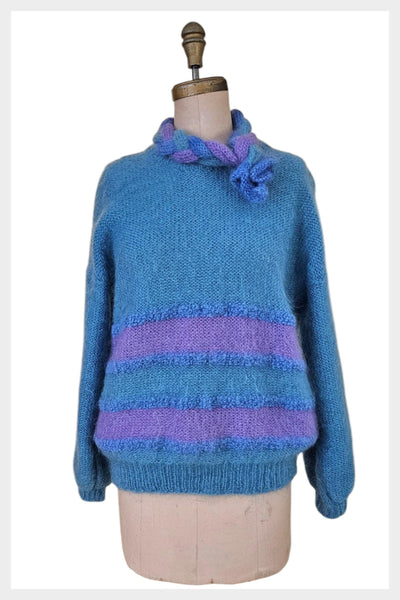 80s Mohair Sweater: Blue Striped Slouchy Knit with Scarf