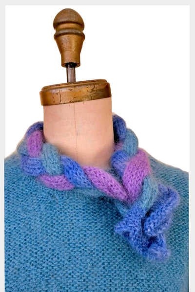 80s Mohair Sweater: Blue Striped Slouchy Knit with Scarf