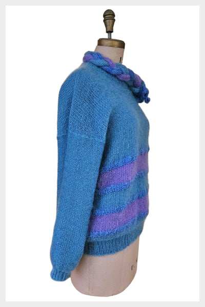 80s Mohair Sweater: Blue Striped Slouchy Knit with Scarf
