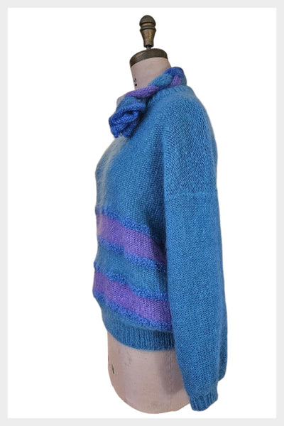 80s Mohair Sweater: Blue Striped Slouchy Knit with Scarf