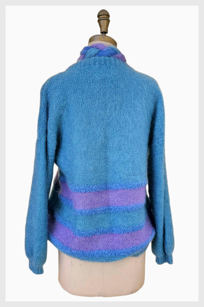 80s Mohair Sweater: Blue Striped Slouchy Knit with Scarf