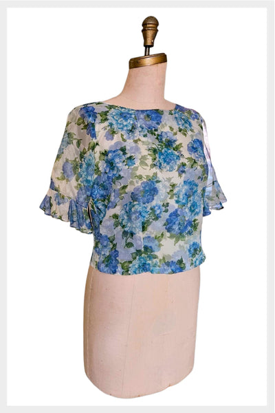 1960s Floral Chiffon Blouse: Susan Gayle Top, Sheer Sleeves (Small)