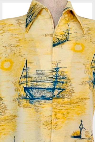 1970s Van Heusen Shirt: Vanknit Splendor Yellow Nautical Print, Large