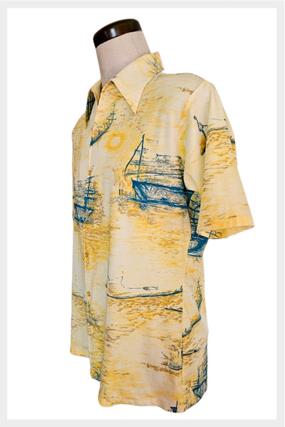 1970s Van Heusen Shirt: Vanknit Splendor Yellow Nautical Print, Large