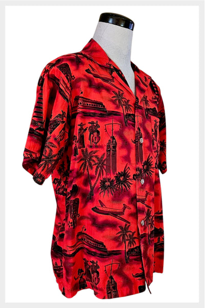 1960s Hawaiian Shirt: Red Aloha Print with Gold Accents, Men’s XL