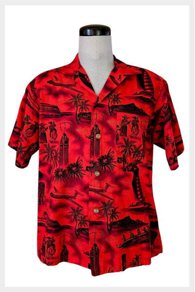 1960s Hawaiian Shirt: Red Aloha Print with Gold Accents, Men’s XL