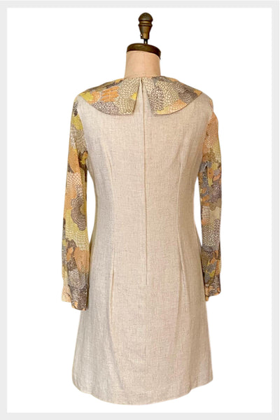 1960s Mod Linen Dress: Sheer Sleeves, Psychedelic Print, Medium