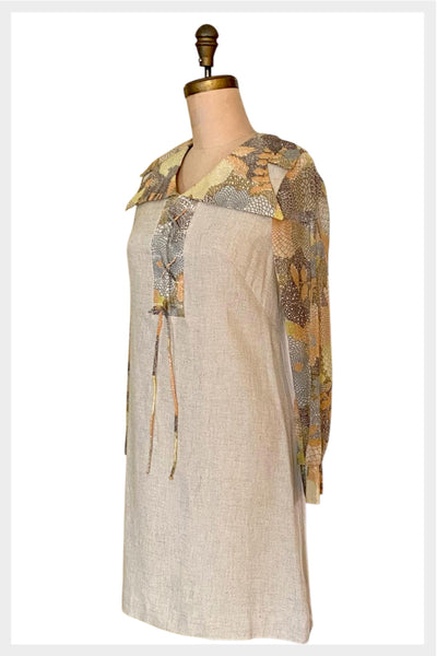 1960s Mod Linen Dress: Sheer Sleeves, Psychedelic Print, Medium
