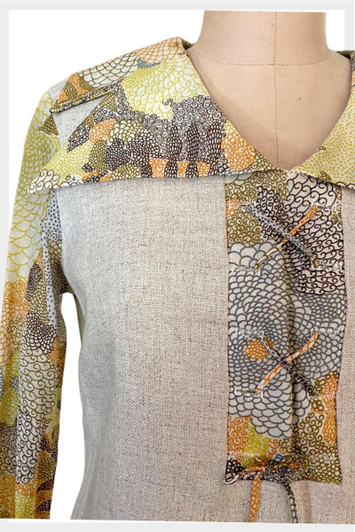 1960s Mod Linen Dress: Sheer Sleeves, Psychedelic Print, Medium