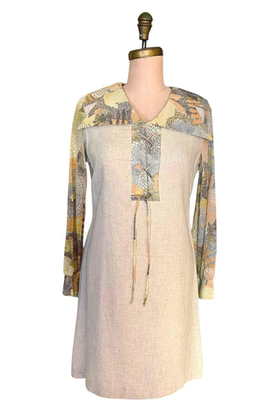 1960s Mod Linen Dress: Sheer Sleeves, Psychedelic Print, Medium