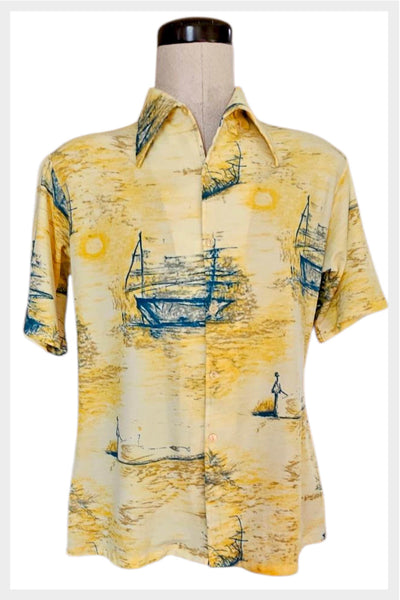 1970s Van Heusen Shirt: Vanknit Splendor Yellow Nautical Print, Large