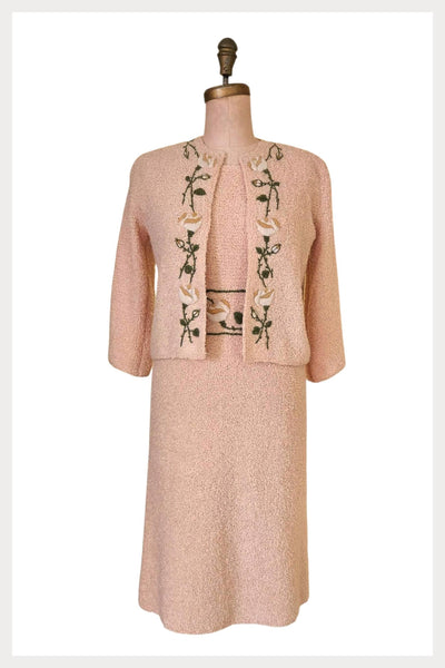 1950s Boucle Knit Dress Set: Embroidered Jacket, Small