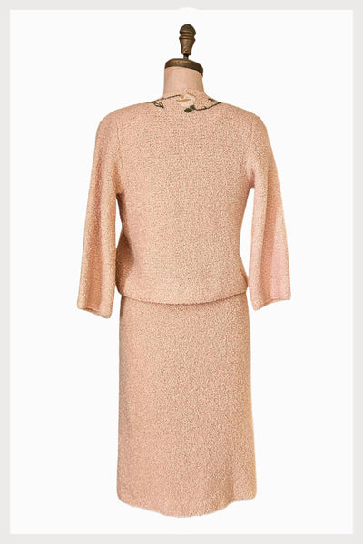 1950s Boucle Knit Dress Set: Embroidered Jacket, Small