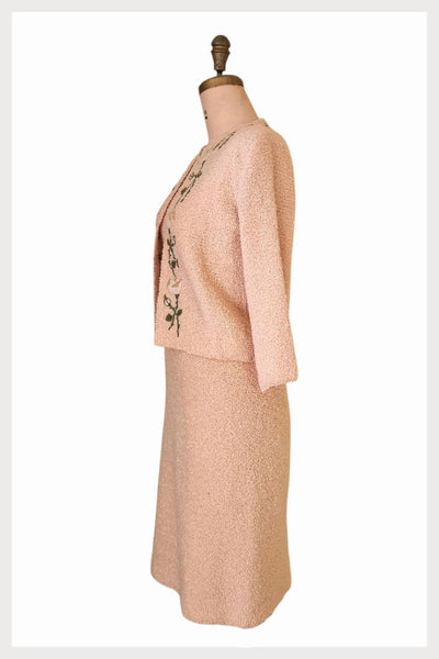 1950s Boucle Knit Dress Set: Embroidered Jacket, Small