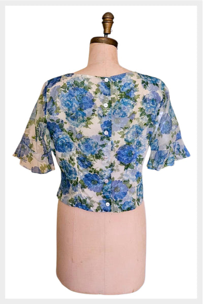 1960s Floral Chiffon Blouse: Susan Gayle Top, Sheer Sleeves (Small)