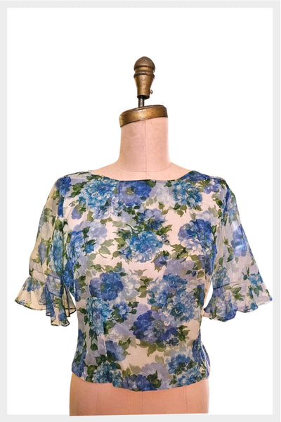 1960s Floral Chiffon Blouse: Susan Gayle Top, Sheer Sleeves (Small)