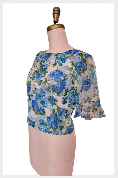 1960s Floral Chiffon Blouse: Susan Gayle Top, Sheer Sleeves (Small)