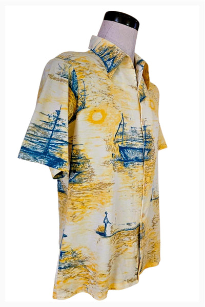 1970s Van Heusen Shirt: Vanknit Splendor Yellow Nautical Print, Large