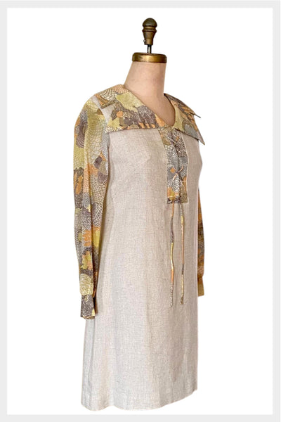 1960s Mod Linen Dress: Sheer Sleeves, Psychedelic Print, Medium