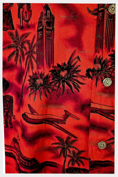 1960s Hawaiian Shirt: Red Aloha Print with Gold Accents, Men’s XL