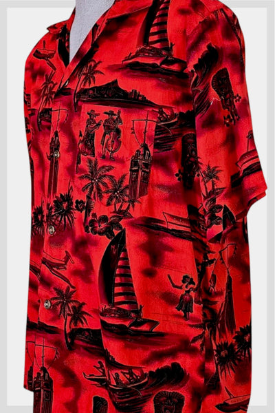1960s Hawaiian Shirt: Red Aloha Print with Gold Accents, Men’s XL