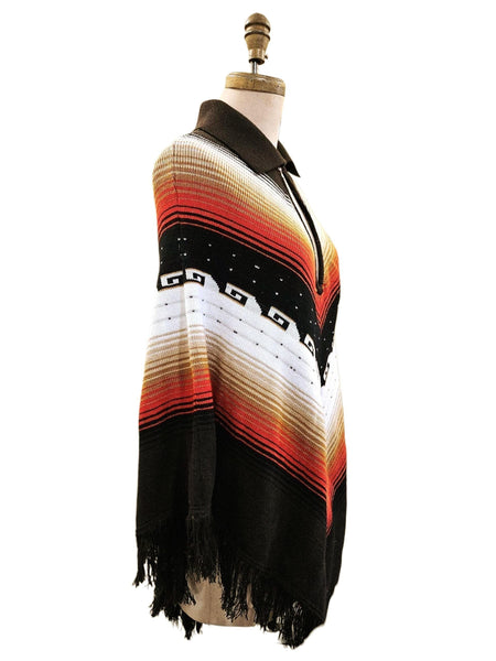 1970s Acrylic Fringe Poncho, Southwestern Boho Cape (Fits Small-Medium)