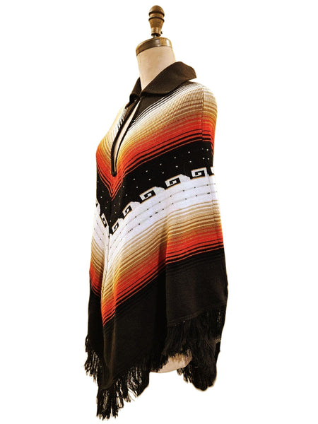 1970s Acrylic Fringe Poncho, Southwestern Boho Cape (Fits Small-Medium)