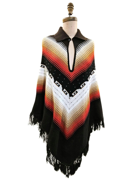 1970s Acrylic Fringe Poncho, Southwestern Boho Cape (Fits Small-Medium)