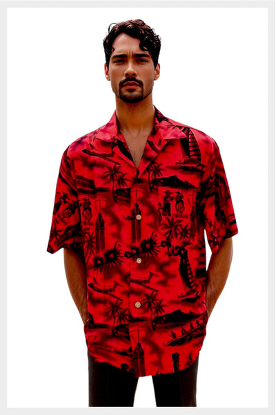 1960s Hawaiian Shirt: Red Aloha Print with Gold Accents, Men’s XL