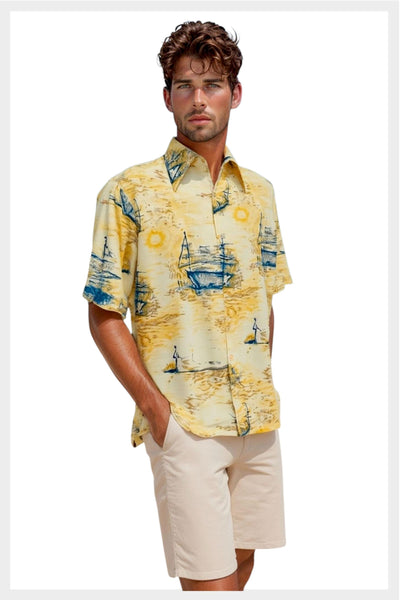 1970s Van Heusen Shirt: Vanknit Splendor Yellow Nautical Print, Large