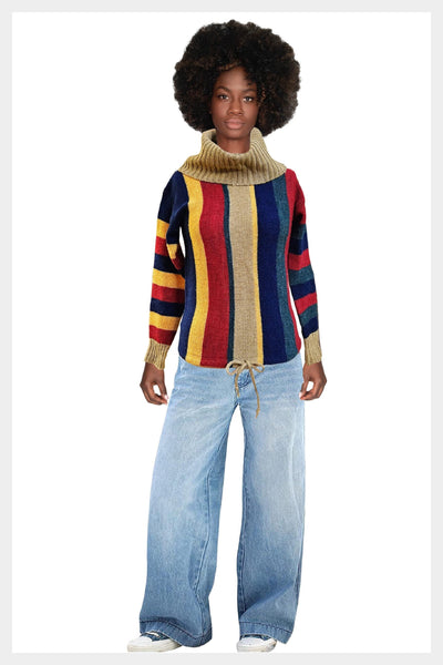 1970s cowl neck striped sweater | 70s pullover boho multi-coloured sweater with drawstring waist | small